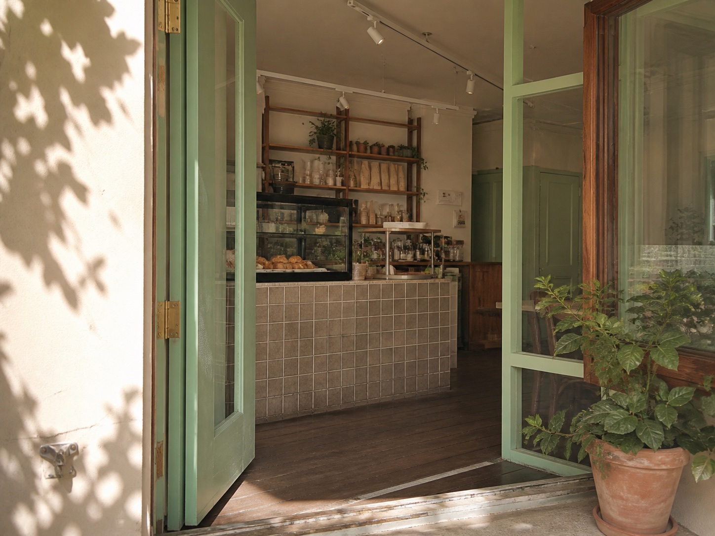 Mint-green cafe entrance opening toward the tiled counter