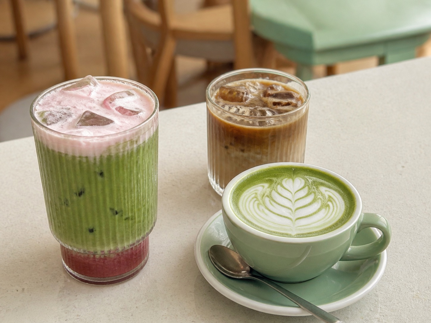 Strawberry matcha, hot matcha and iced coffee on a cafe table